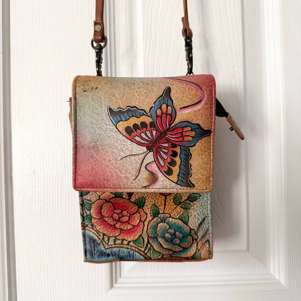 Anuschka Hand Painted Butterfly Rose Kisslock Flap Over Multi Pocket Wallet Bag